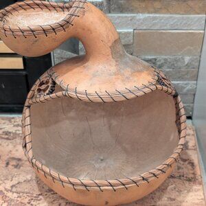 XL Vintage Handmade Art Gourd Basket Vessel – Dual Storage Chambers – New w/ Tag